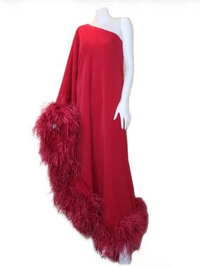 Red Feather Trim One-Shoulder Gown | Luxury Evening / Gala Dress
